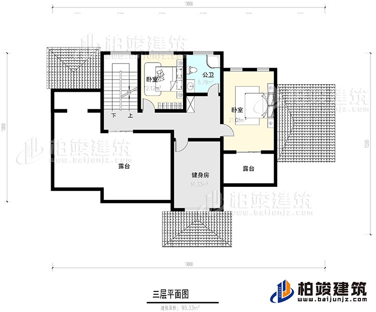 三層：2臥室，公衛(wèi)，健身房，2露臺。