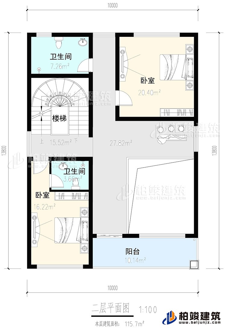 二層：2臥室，內(nèi)衛(wèi)，公衛(wèi)，樓梯，陽臺