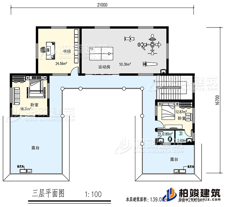 三層：書(shū)房，運(yùn)動(dòng)房，2臥室，2衛(wèi)生間，露臺(tái)