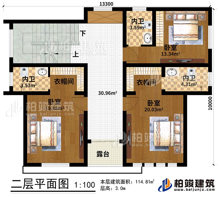 二層：3臥室、2衣帽間、3內(nèi)衛(wèi)、露臺