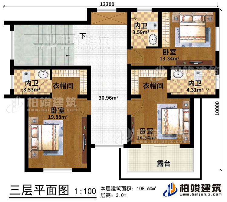 三層：3臥室、2衣帽間、3內(nèi)衛(wèi)、露臺