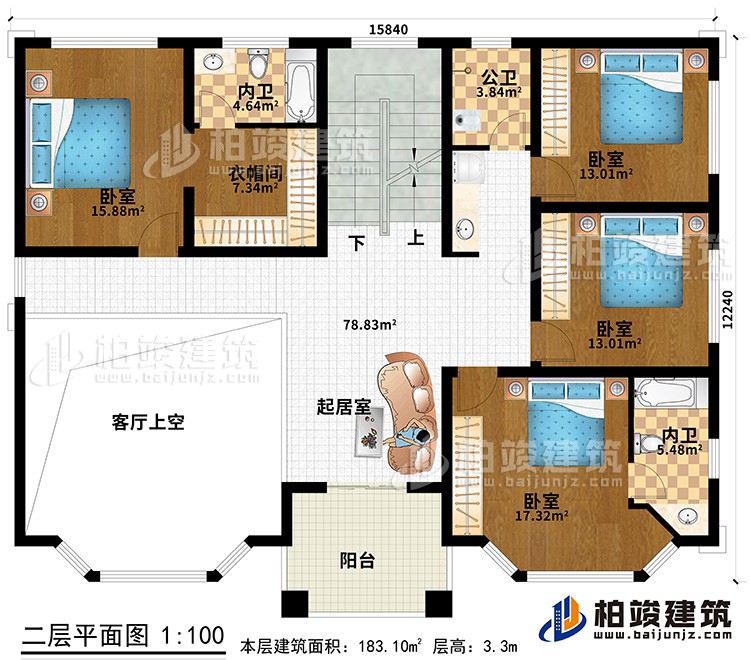 二層：4臥室、衣帽間、2內(nèi)衛(wèi)、公衛(wèi)、起居室、陽臺、客廳上空