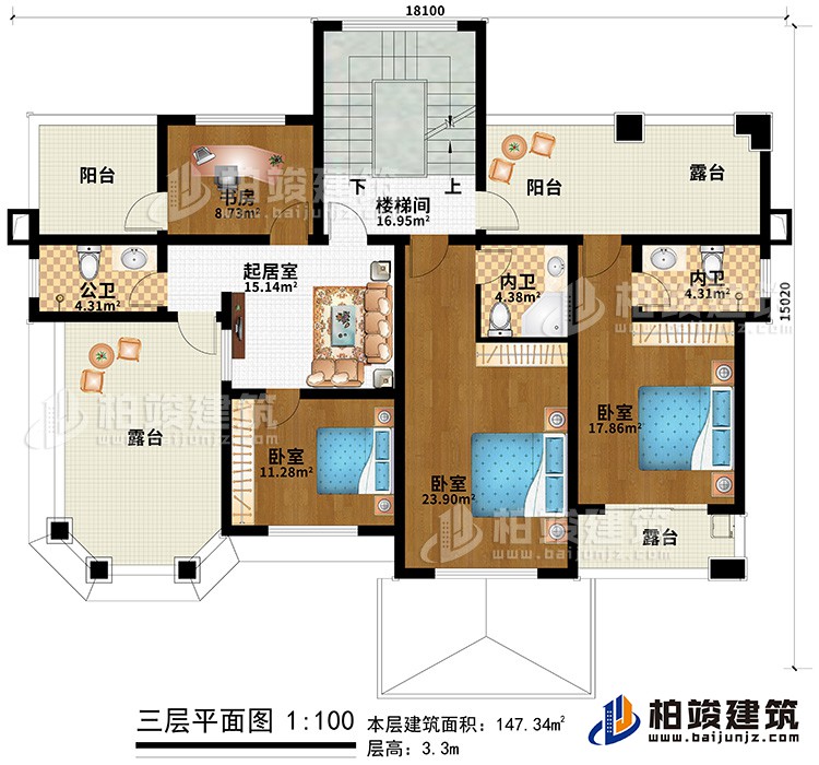 三層：3臥室、2內(nèi)衛(wèi)、公衛(wèi)、書房、樓梯間、2陽臺(tái)、3露臺(tái)、起居室