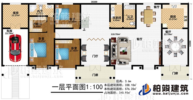 一層：2門廊、門廳、客廳、2餐廳、廚房、公衛(wèi)、洗漱間、3臥室、衣帽間、內(nèi)衛(wèi)、庫房、車庫