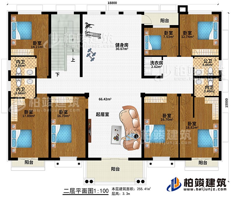 二層：7臥室、起居室、健身房、3內(nèi)衛(wèi)、公衛(wèi)、洗衣房、4陽臺(tái)