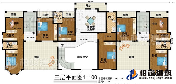 三層：6臥室、2衣帽間、2書房、4內(nèi)衛(wèi)、娛樂室、6陽臺、2露臺、客廳中空