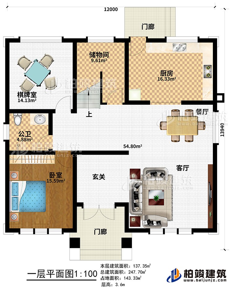 一層：2門廊、玄關(guān)、客廳、餐廳、廚房、儲物間、棋牌室、公衛(wèi)、臥室