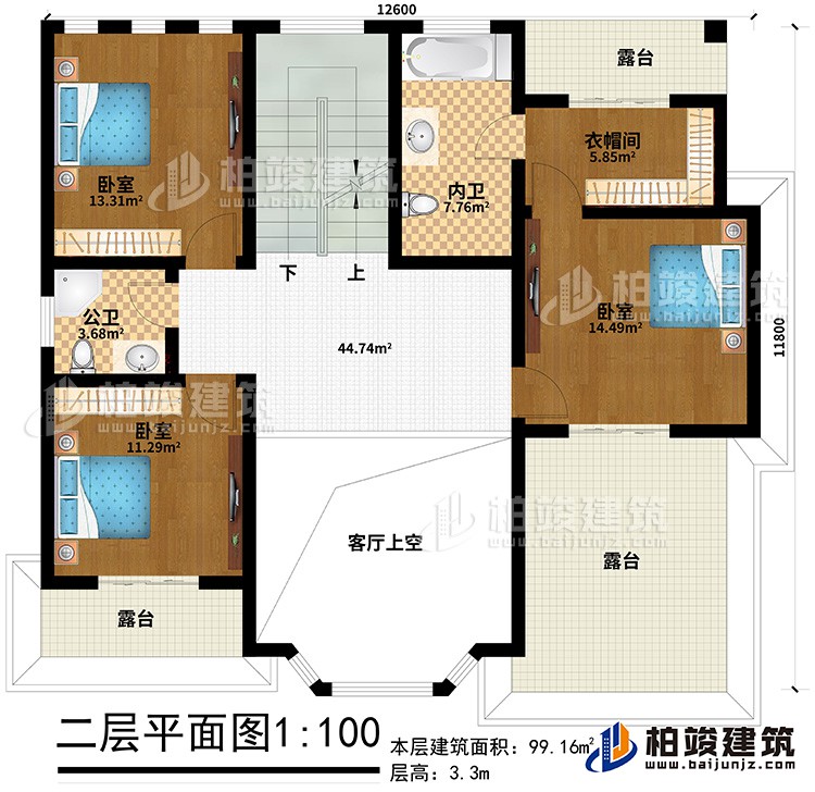 二層：3臥室，衣帽間、公衛(wèi)、內(nèi)衛(wèi)、3露臺(tái)、客廳上空