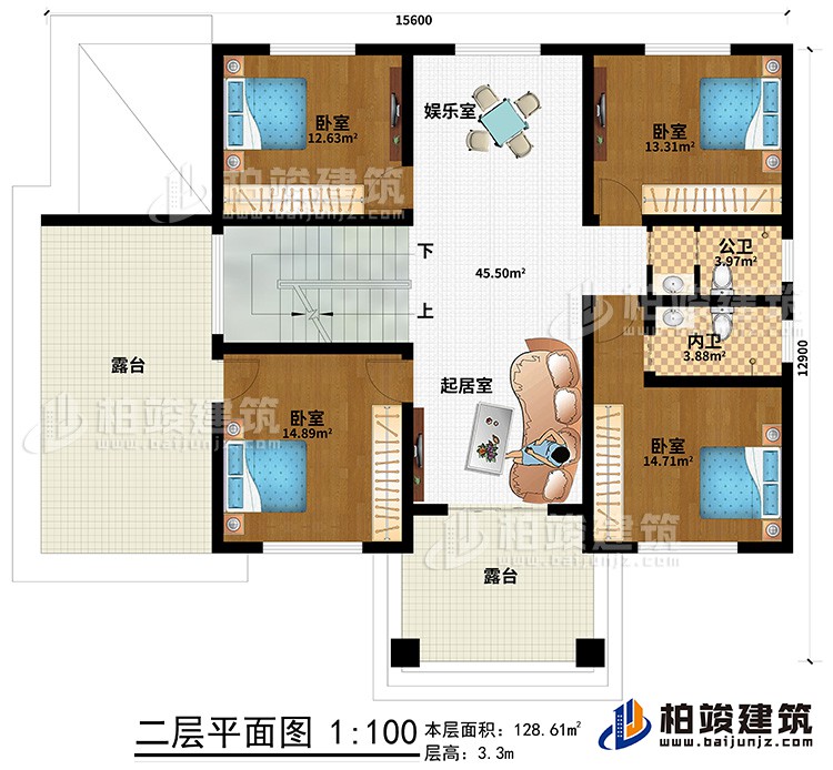 二層：4臥室，內(nèi)衛(wèi)，公衛(wèi)，起居室，樓梯，棋牌室，2露臺(tái)