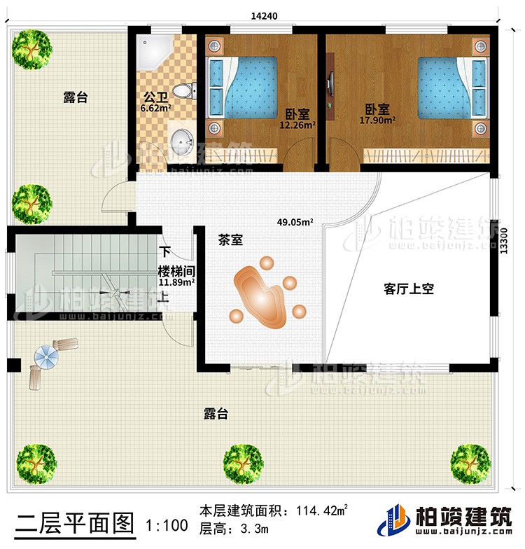 二層：客廳上空、茶室、樓梯間、2臥室、公衛(wèi)、2露臺(tái)