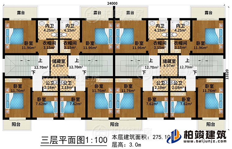 三層：12臥室、4公衛(wèi)、4內(nèi)衛(wèi)、2儲藏室、4衣帽間、3陽臺、4露臺