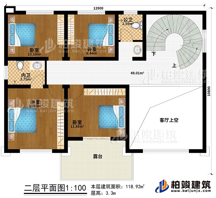 二層：4臥室、公衛(wèi)、內(nèi)衛(wèi)、客廳上空、露臺(tái)