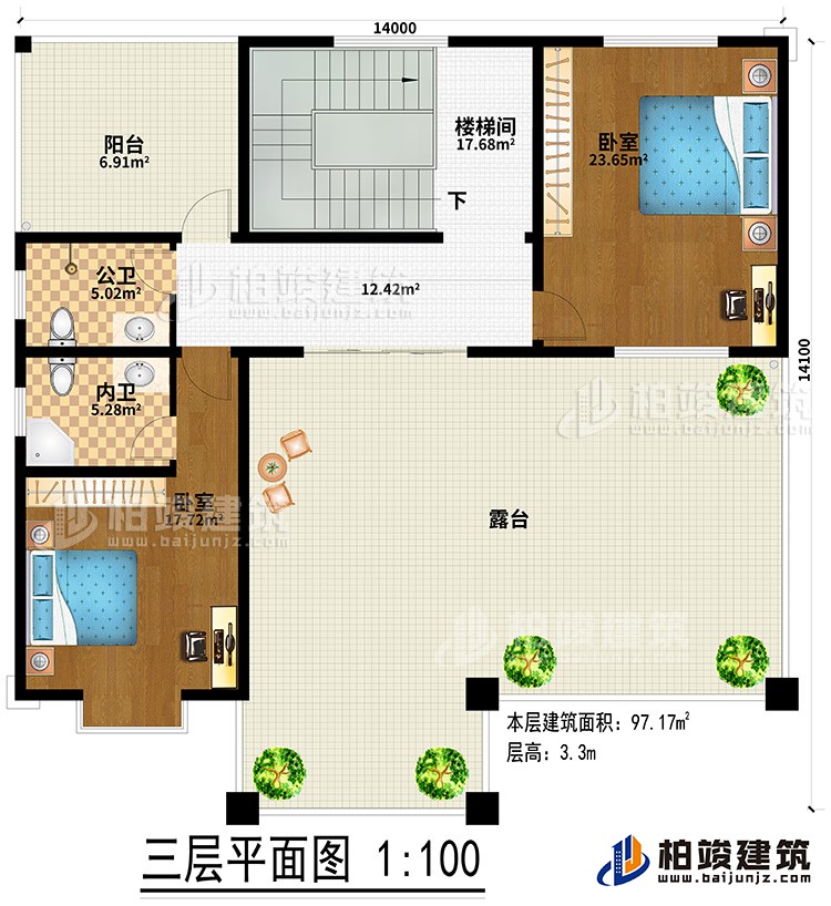 三層：2臥室、樓梯間、公衛(wèi)、內(nèi)衛(wèi)、陽(yáng)臺(tái)、露臺(tái)