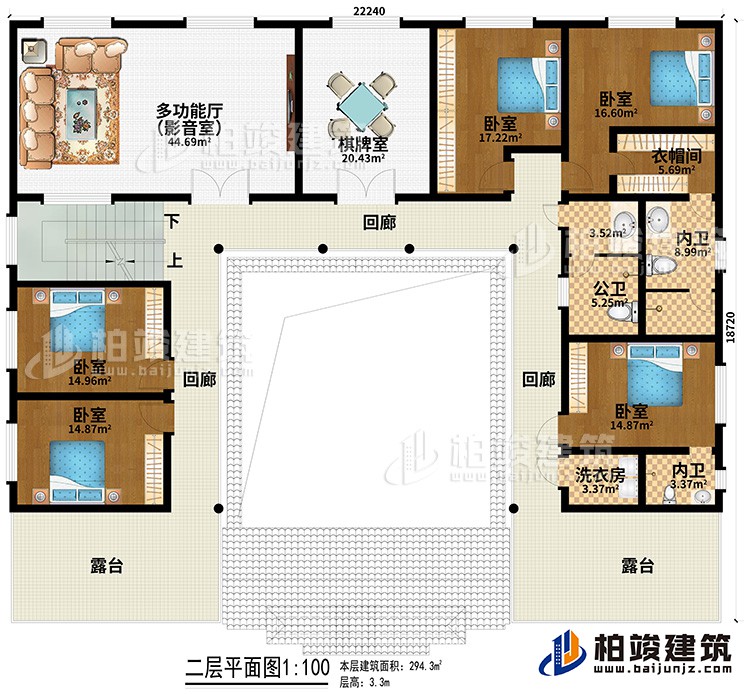 二層：多功能廳（影音室）、棋牌室、5臥室、衣帽間、公衛(wèi)、2內(nèi)衛(wèi)、洗衣房、3回廊、2露臺(tái)