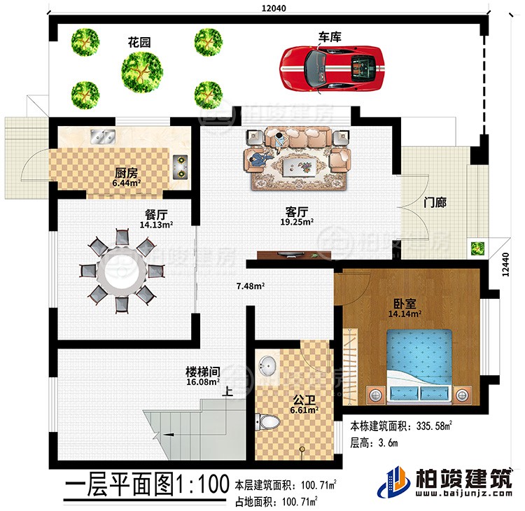 一層：門廊、花園、車庫、廚房、餐廳、客廳、樓梯間、臥室、公衛(wèi)