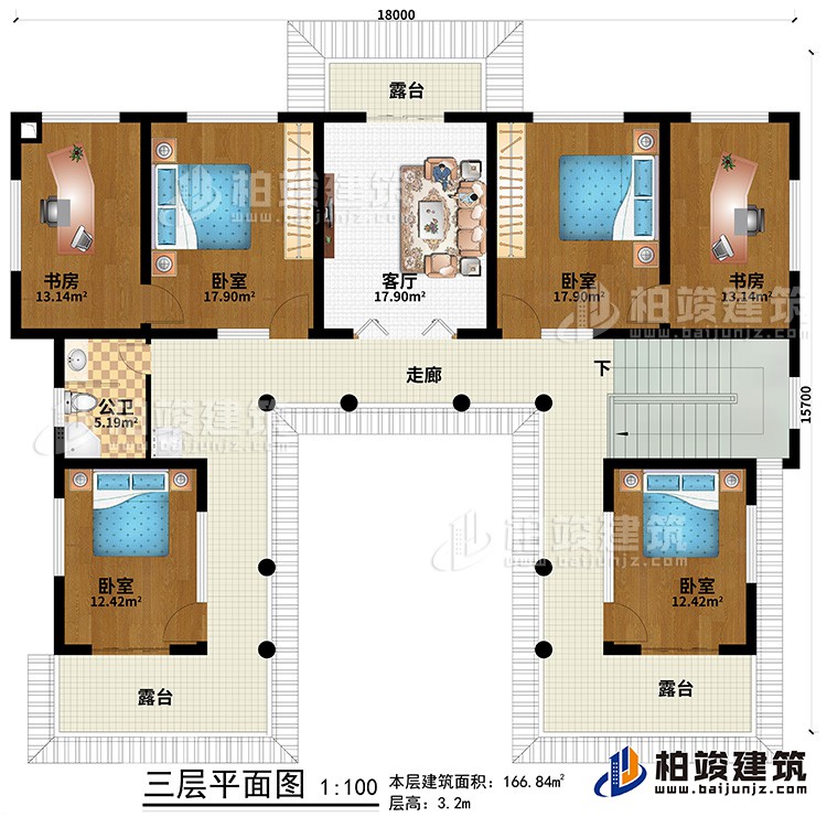 三層：走廊、3臥室、2書(shū)房、客廳、3露臺(tái)、公衛(wèi)