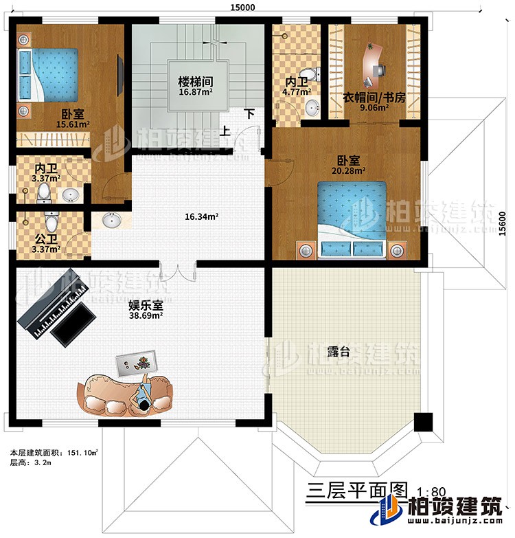 三層：樓梯間、娛樂(lè)室、2臥室、衣帽間/書(shū)房、2內(nèi)衛(wèi)、公衛(wèi)、露臺(tái)