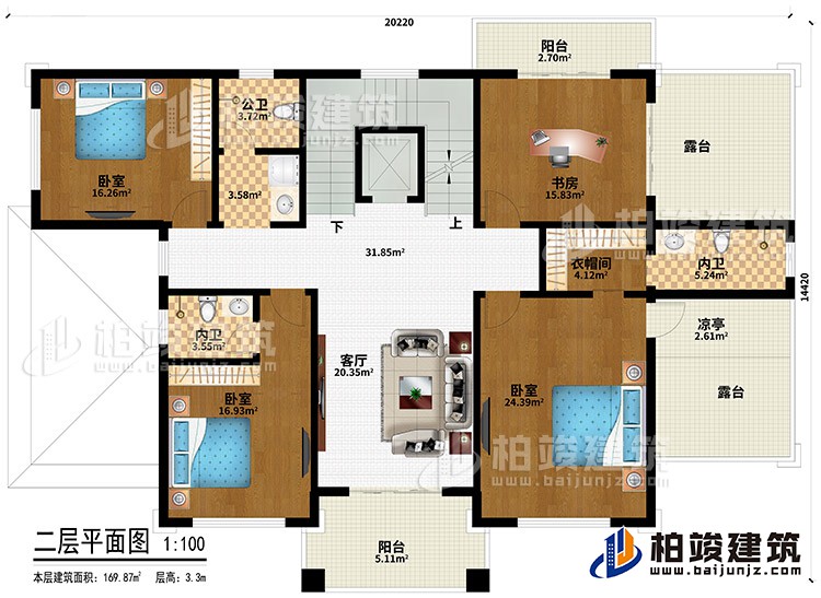 二層：3臥室、衣帽間、2內衛(wèi)、公衛(wèi)、客廳、書房、衣帽間、2陽臺、2露臺、涼亭