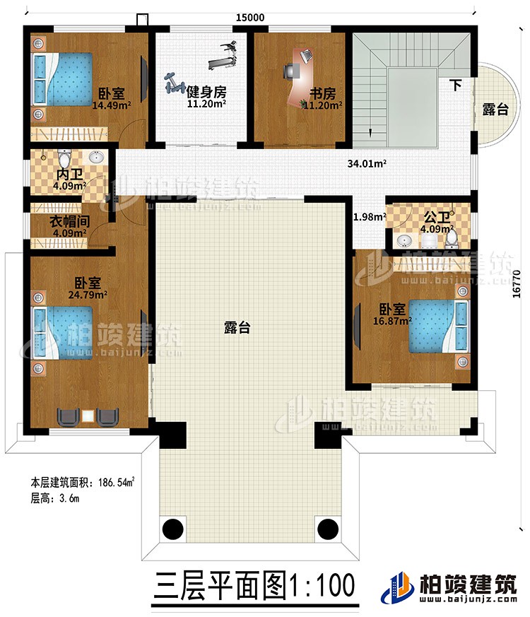 三層：3臥室、健身房、衣帽間、內(nèi)衛(wèi)、公衛(wèi)、健身房、書房、2露臺