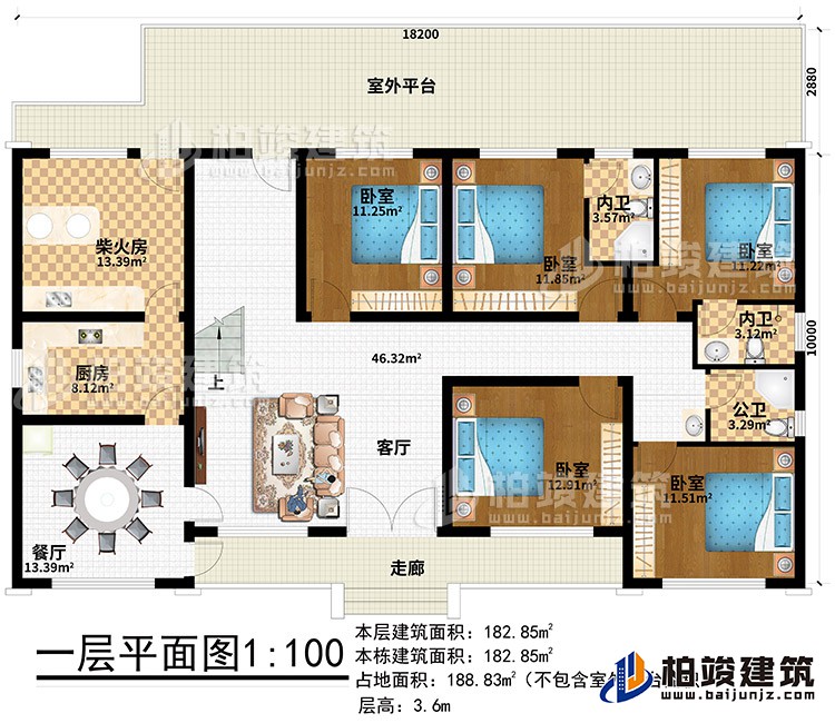 一層：走廊、客廳、餐廳、廚房、柴火房、室外平臺(tái)、5臥室、2內(nèi)衛(wèi)、公衛(wèi)