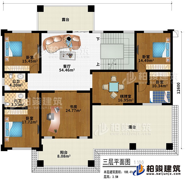 三層：客廳、4臥室、書房、棋牌室、內(nèi)衛(wèi)、公衛(wèi)、陽臺、2露臺