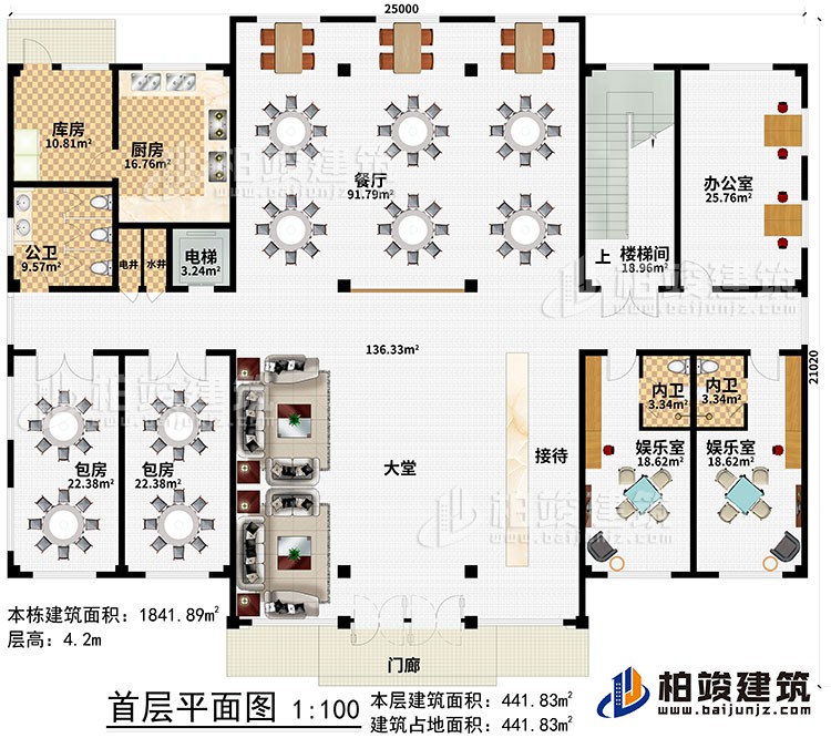 一層：門廊、大堂、接待、2娛樂室、2內(nèi)衛(wèi)、辦公室、樓梯間、餐廳、電梯、電井、水井、廚房、庫房、公衛(wèi)、2包房