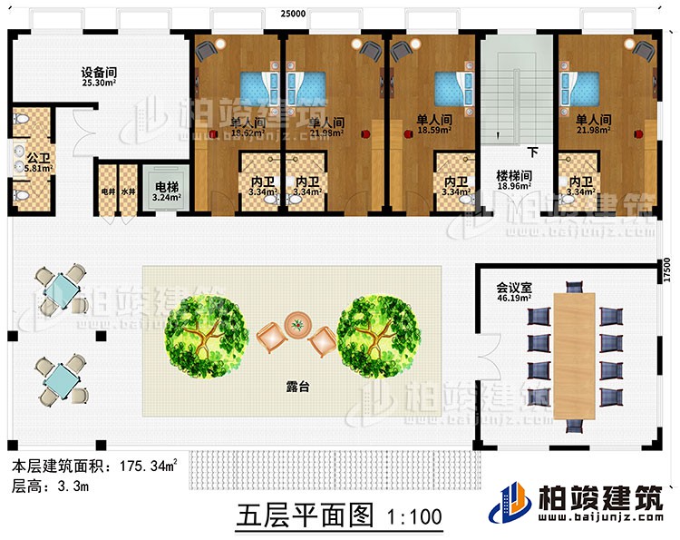 五層：樓梯間、過道、電梯、水井、電井、4單人間、4內(nèi)衛(wèi)、公衛(wèi)、露臺(tái)、會(huì)議