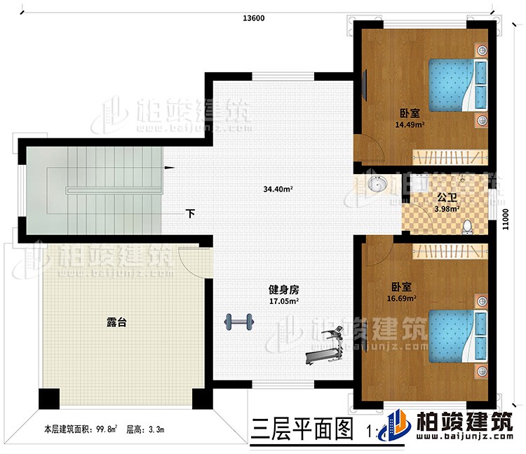 三層：２臥室、公衛(wèi)、健身房、露臺(tái)