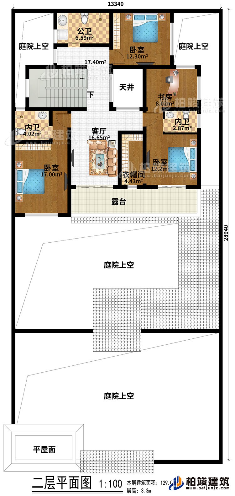 二層：平屋面、4庭院上空、3臥室、客廳、天井、衣帽間、書房、公衛(wèi)、2內(nèi)衛(wèi)