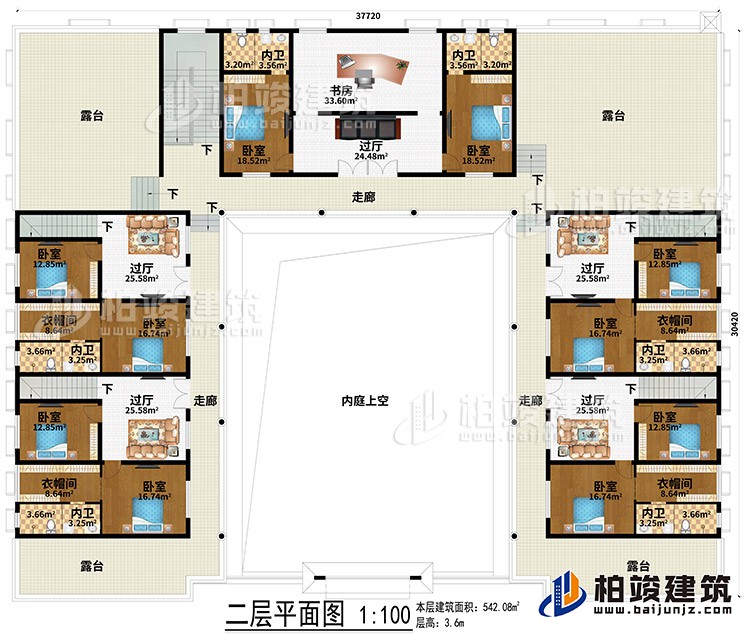 二層：內(nèi)庭上空、5過廳、書房、3走廊、4露臺、10臥室、4衣帽間、6內(nèi)衛(wèi)