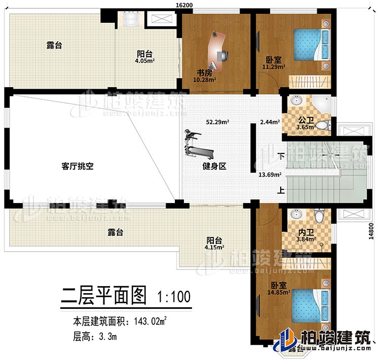 二層：健身區(qū)、客廳挑空、書房、2臥室、公衛(wèi)、內(nèi)衛(wèi)、2陽(yáng)臺(tái)、3露臺(tái)