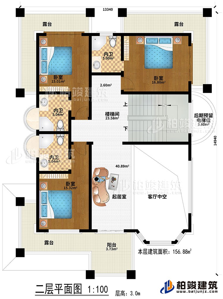 二層：起居室、客廳中空、樓梯間、3臥室、3內(nèi)衛(wèi)、陽(yáng)臺(tái)、3露臺(tái)、后期預(yù)留電梯位