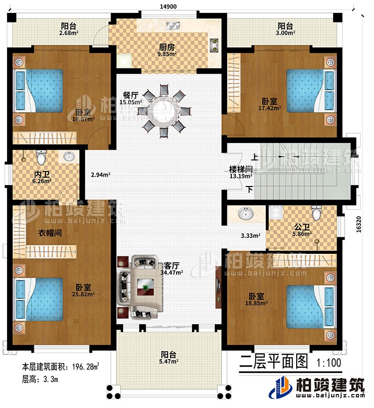 二層：客廳、樓梯間、餐廳、廚房、4臥室、衣帽間、公衛(wèi)、內(nèi)衛(wèi)、3陽臺