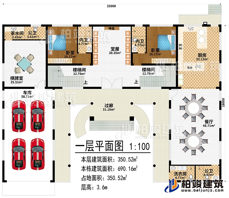 一層：過廊、堂屋、神龕、2樓梯間、廚房、餐廳、棋牌室、車庫、茶水間、2公衛(wèi)、洗衣房、2臥室、2內(nèi)衛(wèi)