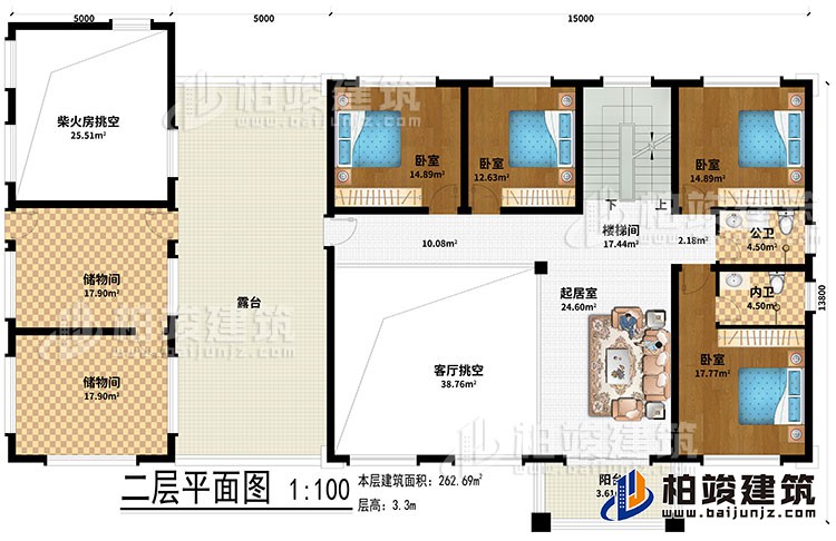 二層：起居室、樓梯間、2儲(chǔ)物間、客廳挑空、柴火房挑空、4臥室、公衛(wèi)、內(nèi)衛(wèi)、露臺(tái)、陽(yáng)臺(tái)