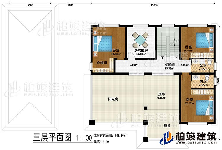 三層：樓梯間、3臥室、多功能房、衣帽間、公衛(wèi)、內(nèi)衛(wèi)、涼亭、陽(yáng)光房、露臺(tái)