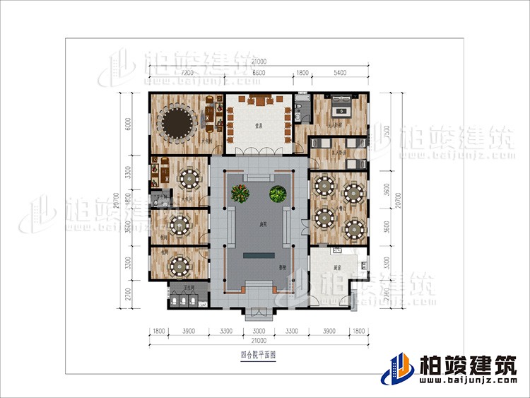 一層：大餐廳、2包間、2大餐廳、2內(nèi)衛(wèi)、堂屋、臥室、工人臥室、公衛(wèi)、庭院、影壁墻