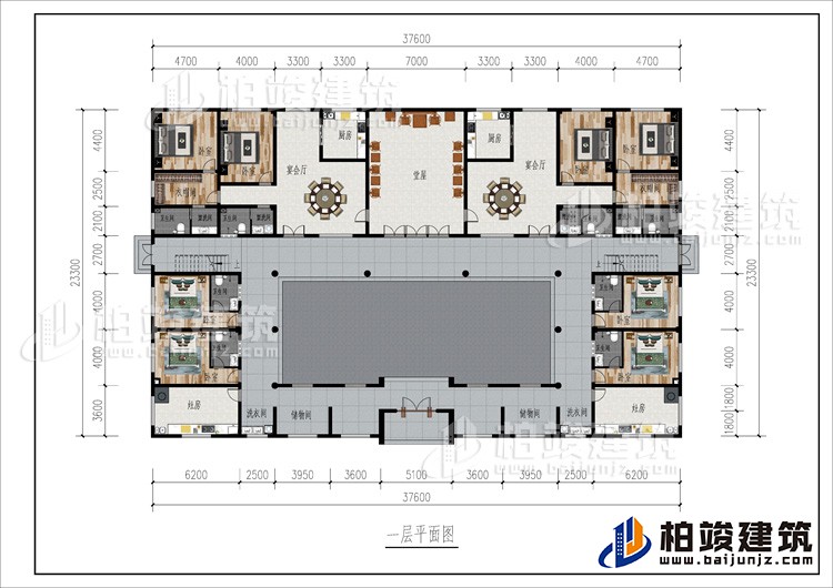 一層：2儲物間、2洗衣間、2灶房、8臥室、2衣帽間、2公衛(wèi)、6內(nèi)衛(wèi)、2廚房、2宴會廳、堂屋