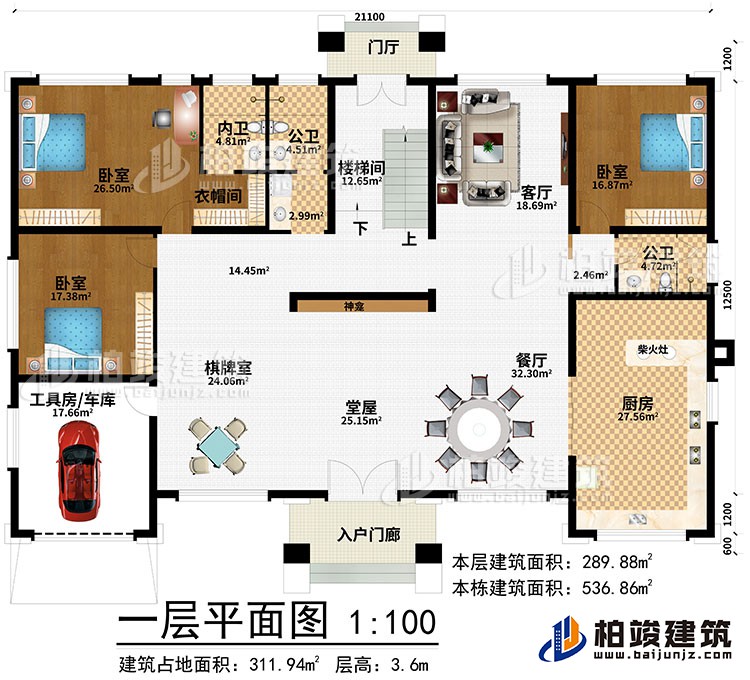 一層：入戶門廊、門廳、堂屋、神龕、棋牌室、餐廳、廚房、客廳、樓梯間、工具房/車庫、3臥室、衣帽間、內(nèi)衛(wèi)、2公衛(wèi)