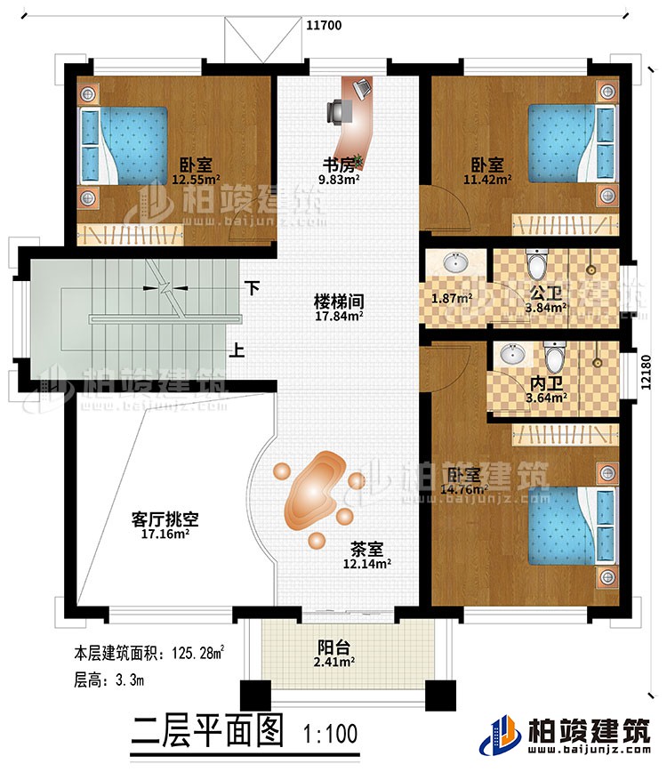 二層：樓梯間、書房、茶室、客廳挑空、3臥室、公衛(wèi)、內(nèi)衛(wèi)、陽臺