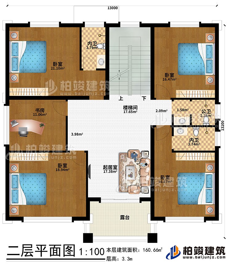 二層：起居室、樓梯間、4臥室、書房、公衛(wèi)、內(nèi)衛(wèi)、露臺