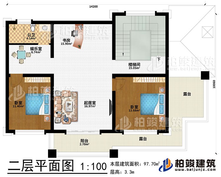 二層：起居室、書房、娛樂室、2臥室、樓梯間、公衛(wèi)、陽臺(tái)、2露臺(tái)