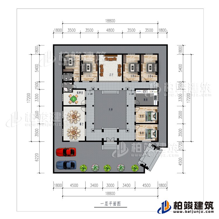 一層：車庫、餐廳、棋牌室、廚房、正廳、6臥室、公衛(wèi)、內衛(wèi)