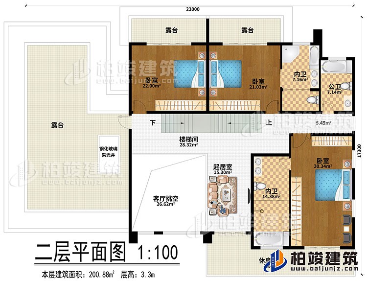 二層：起居室、樓梯間、客廳挑空、3臥室、3露臺、鋼化玻璃采光井、2內(nèi)衛(wèi)、公衛(wèi)、休息陽臺