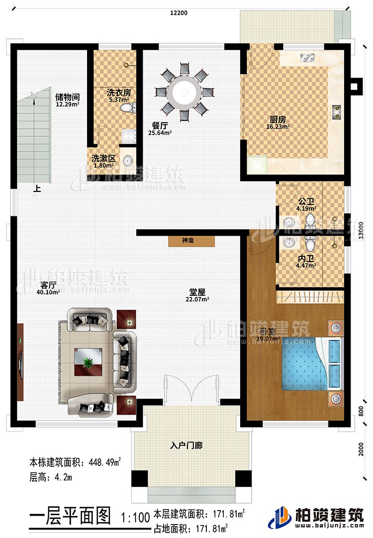 一層：入戶門廊、堂屋、神龕、客廳、餐廳、廚房、臥室、公衛(wèi)、內(nèi)衛(wèi)、洗漱區(qū)、洗衣房、儲物間