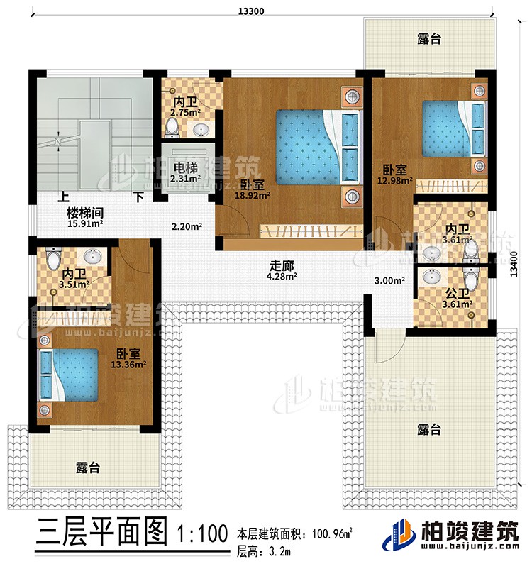 三層：走廊、3臥室、3內(nèi)衛(wèi)、3露臺(tái)、樓梯間、電梯、公衛(wèi)