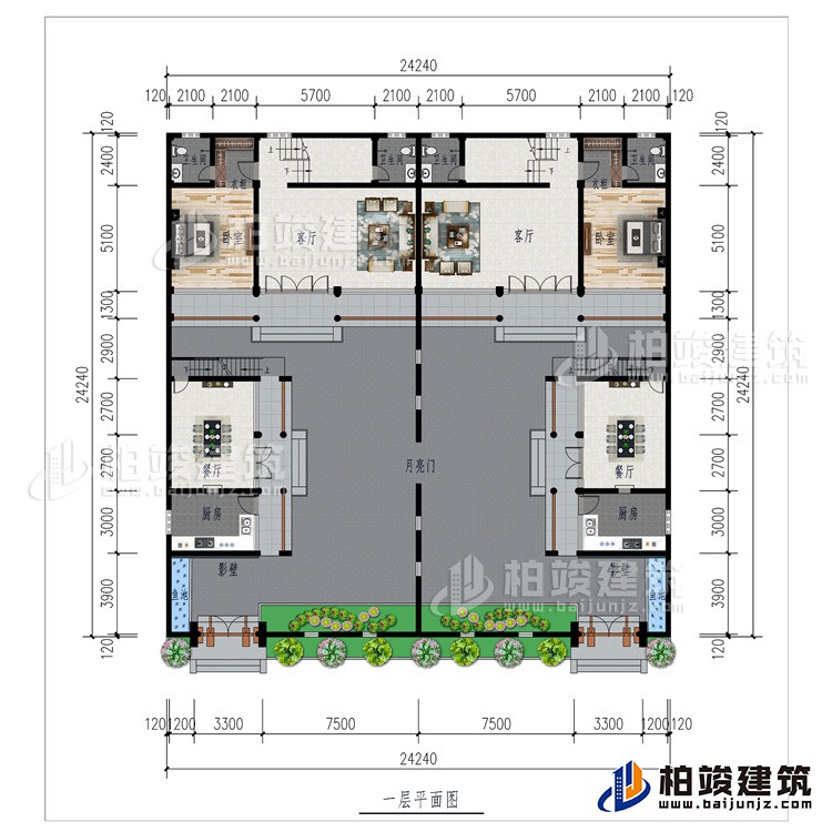 一層：月亮門、2廚房、2影壁、2餐廳、2客廳、2臥室、2衣柜、2內(nèi)衛(wèi)、2魚池