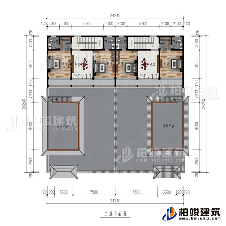 二層：2屋頂平臺、2茶室、4臥室、2衣柜、4內(nèi)衛(wèi)