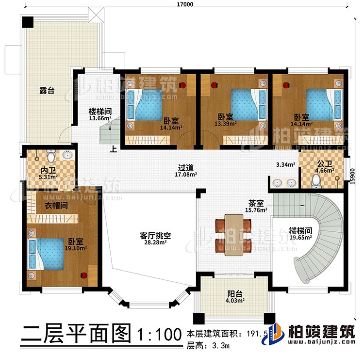 二層：2樓梯間、過道、茶室、4臥室、衣帽間、公衛(wèi)、內(nèi)衛(wèi)、客廳挑空、露臺(tái)、陽臺(tái)