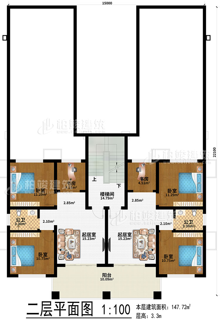 二層：2起居室、2書房、4臥室、2公衛(wèi)、樓梯間、陽臺